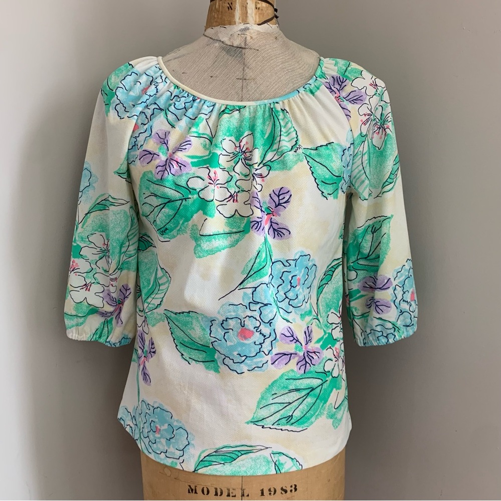 Vintage Vera Neumann 60s Nylon Floral Top 3/4 Sleeve Flower Power Resort Blouse
